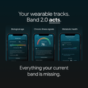 Image with dark background and text reading 'Your wearable tracks. Band 2.0 acts.' Below, three smartphone screens display app features: 'Biological age' showing a score of 32, 'Chronic illness signals' showing a risk score of 76, and 'Metabolic health' showing a weekly momentum report. The bottom text reads, 'Everything your current band is missing